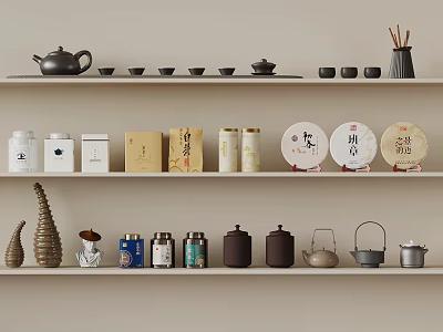 Traditional Tea Accessories Display On Shelves With Teapots Cups And Tea Cakes 3d model