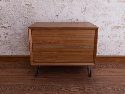 Wooden Bedside Table With Two Drawers And Metal Legs On Textured Wall Wooden Floor 3d model
