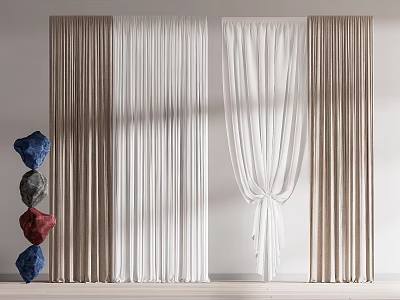 Beige And White Draped Floor Length Curtains With Blue Red Gray Decorative Stones 3d model