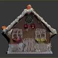 Gingerbread House Decorated with White Striped Icing and Colorful Candies on Roof and Windows