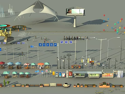Modern Urban Roadside Facilities Featuring Street Lamps Traffic Signs Billboards And Bus Stops 3d model