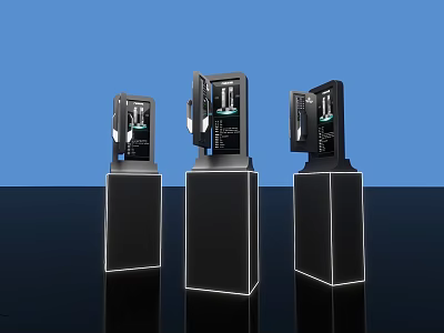 Three Modern Black Self Service Kiosks With Transparent Front And Blue Background 3d model