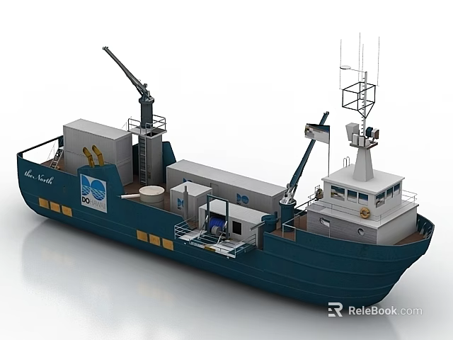 Blue And White Work Ship With Crane Antennas And Wheelhouse Structure 3d model 