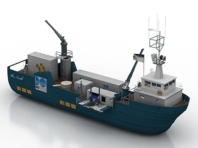 Blue And White Work Ship With Crane Antennas And Wheelhouse Structure 3d model