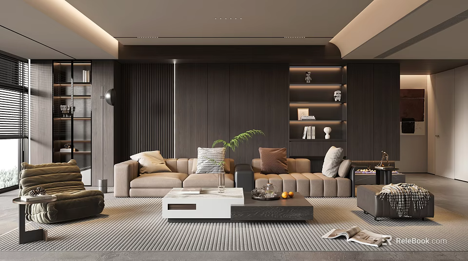 Modern Living Room Interior With Beige Sofa Wooden Wall And Bookshelf Decor 3d model 