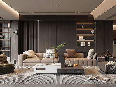 Modern Living Room Interior With Beige Sofa Wooden Wall And Bookshelf Decor 3d model