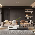 Modern Living Room Interior With Beige Sofa Wooden Wall And Bookshelf Decor
