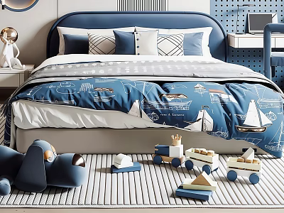 Kids Bed with Blue Headboard Sailboat Quilt and Toys in Cozy Striped Rug Kids Room 3d model