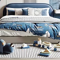 Kids Bed with Blue Headboard Sailboat Quilt and Toys in Cozy Striped Rug Kids Room