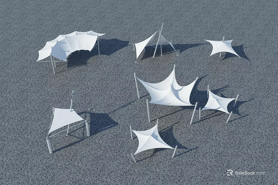White Tensile Membrane Structures With Various Geometric Shapes On Gray Gravel Surface 3d model 