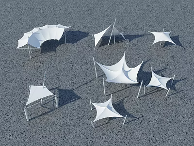 White Tensile Membrane Structures With Various Geometric Shapes On Gray Gravel Surface 3d model