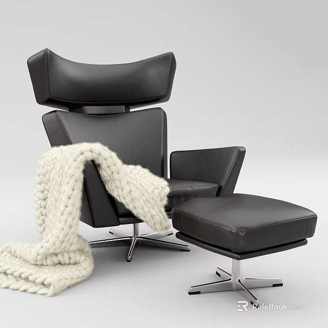 Modern Black Leather Leisure Chair With Cream Knitted Blanket And Ottoman 3d model 