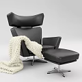 Modern Black Leather Leisure Chair With Cream Knitted Blanket And Ottoman