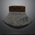 Traditional Handcrafted Axe with Swirl Patterned Blade Red Wooden Handle and Brass Rivet Accents