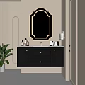 Dark Modern Bathroom Vanity With Golden Framed Mirror Light Colored Wall And Green Plant