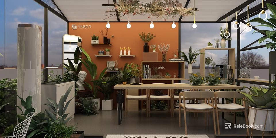 Elegant Specialty Store Interior with Green Plants Shelves Decor and Hanging Lights 3d model 