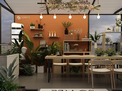Elegant Specialty Store Interior with Green Plants Shelves Decor and Hanging Lights 3d model