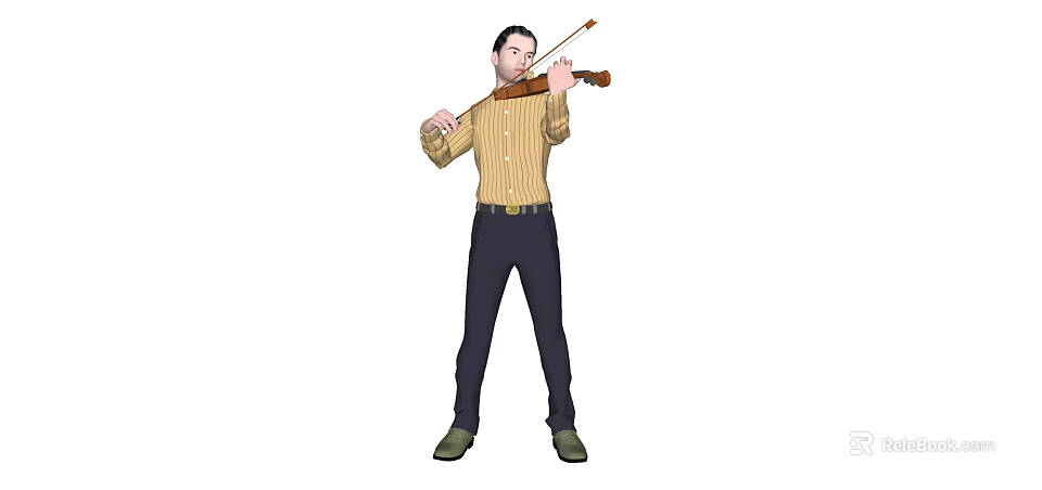 A Man in Yellow Shirt and Dark Pants Playing Violin with Green Shoes 3d model 
