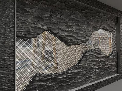 Black Textured Background Wall with Irregular Hollow and Metal Mesh Grid Showcasing Space Through Light 3d model