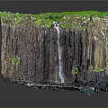 Garden Landscape With Lush Green Grass White Building And Waterfall In Rocky Cliff Formation