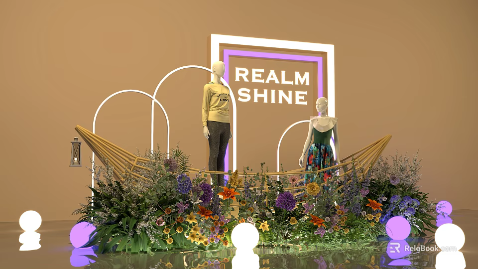 Elegant Window Display With REALM SHINE Sign Two Mannequins Colorful Flowers And Arched Lighting 3d model 