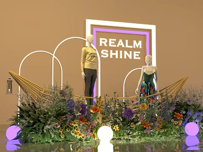 Elegant Window Display With REALM SHINE Sign Two Mannequins Colorful Flowers And Arched Lighting 3d model