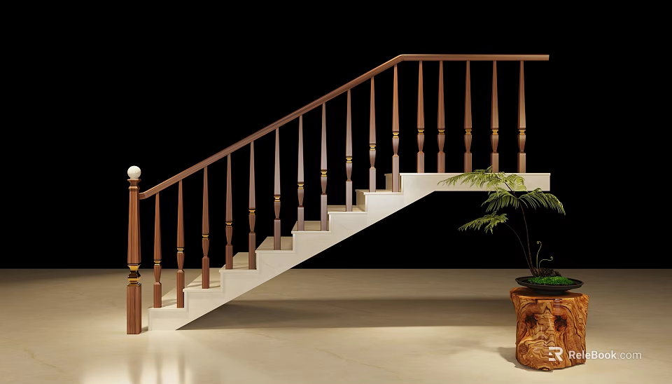 Staircase Design With Wooden Handrail White Steps And Green Plant In Wooden Stump Planter Interior 3d model 