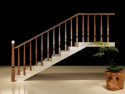 Staircase Design With Wooden Handrail White Steps And Green Plant In Wooden Stump Planter Interior 3d model