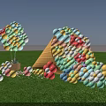 Colorful Inflatable Structures In Various Shapes On Green Grass Field With Cloudy Sky
