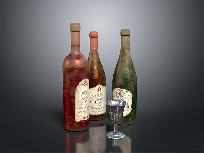Vintage Household Items Display With Colorful Glass Bottles And Small Wine Glass 3d model