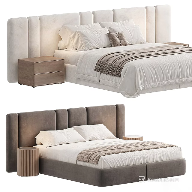Stylish Double Bed Designs with Upholstered Headboards and Wooden Nightstands 3d model 