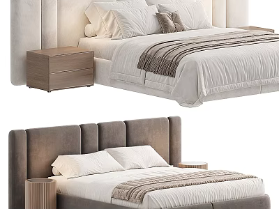 Stylish Double Bed Designs with Upholstered Headboards and Wooden Nightstands 3d model