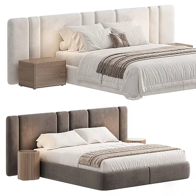 Stylish Double Bed Designs with Upholstered Headboards and Wooden Nightstands 3d model