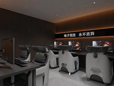 Modern Cybercafe Interior With Comfortable Gaming Chairs And Multiple Computer Monitors 3d model
