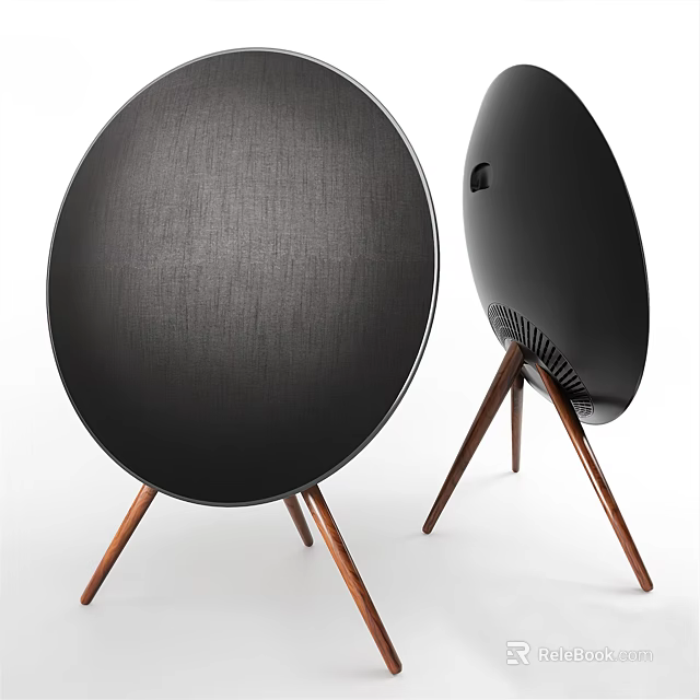 Black Round Wireless Speaker With Wooden Stand Modern Home Audio Design 3d model 