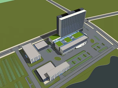 Modern Architectural Complex Featuring Tall Building Low Rise Structures Green Roof And Waterfront Area 3d model
