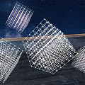 Transparent Grid Cube Landscape Sculptures With Starry Sky Background And Dark Wooden Ground