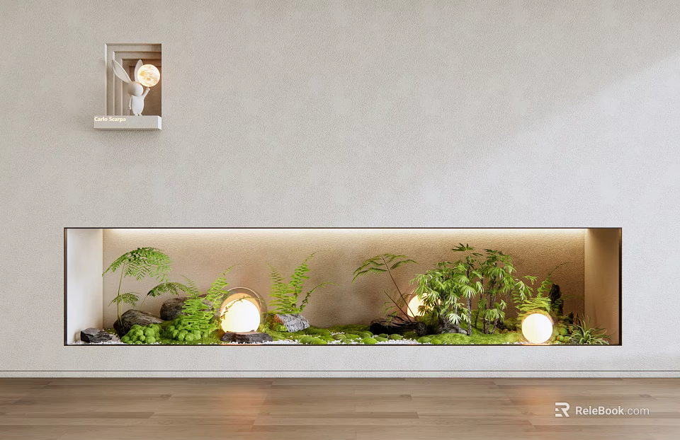 Indoor Landscape Design With Built-in Green Plants Illuminated Lights And Wooden Floor 3d model 