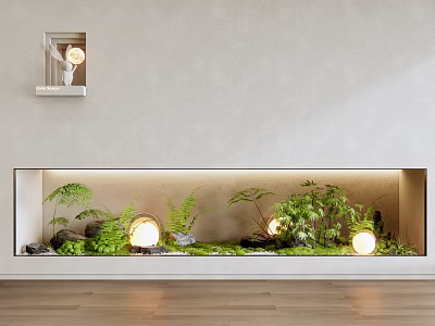 Indoor Landscape Design With Built-in Green Plants Illuminated Lights And Wooden Floor 3d model