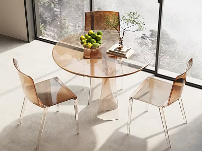 Modern Round Glass Table with Transparent Acrylic Chairs by Window with Fruit Bowl and Books 3d model