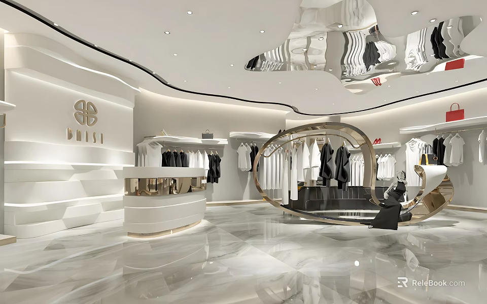Elegant Modern Fashion Store Interior With White Walls Marble Flooring And Clothing Displays 3d model 