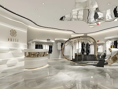 Elegant Modern Fashion Store Interior With White Walls Marble Flooring And Clothing Displays 3d model