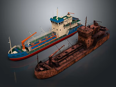 Modern And Rusty Water Vessels Displayed Side By Side With Contrasting Features 3d model