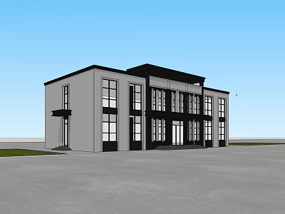 Modern Two Story Office Building With Large Glass Windows And Black White Exterior 3d model