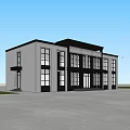 Modern Two Story Office Building With Large Glass Windows And Black White Exterior