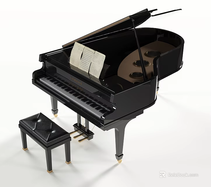 Elegant Black Grand Piano With Music Sheet And Matching Leather Stool 3d model 