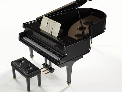 Elegant Black Grand Piano With Music Sheet And Matching Leather Stool 3d model