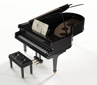 Elegant Black Grand Piano With Music Sheet And Matching Leather Stool 3d model