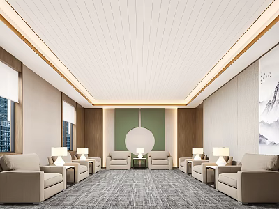 Modern Hotel Public Lounge Area With Beige Armchairs Coffee Tables Table Lamps And Decorative Painting 3d model