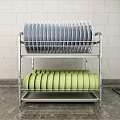 Modern Kitchen Cabinets With Stainless Steel Dish Rack Blue White Plates And Green Bowls